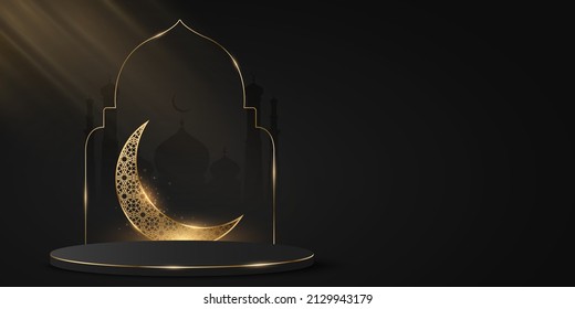 Ramadan Kareem Podium auf dem Hintergrund der Altstadt und der Moschee. Traditioneller islamischer Rahmen. Luxuriöser, brillanter goldener Mond mit islamischer Verzierung. Lichteffekt. Eid Mubarak. Vektorgrafik