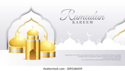 Ramadan kareem podium stage, 3D golden mosque minarets with gray background