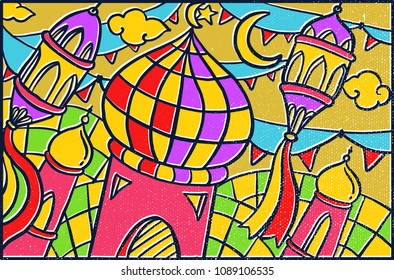 Ramadan Kareem Pop Art Wallpaper Mosaic Background with Mosque, Lantern, Al quran, Crescent moon & Colorfull Abstract pattern