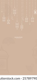 Ramadan Kareem Portrait Background with Hanging Lanterns, Crescent Moon, Stars, and Elegant Islamic Ornamental Design on Beige Theme