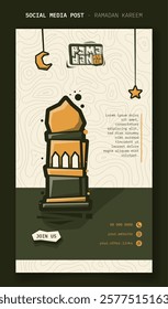 Ramadan kareem. Portrait banner template for ramadan kareem with cartoon lantern in green yellow white design. Islamic background design