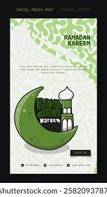 Ramadan kareem. Portrait banner template with moon and mosque in green ornamental background. arabic text on background mean is ramadan kareem