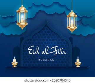 Ramadan kareem postcard on dark blue background. Arabian night for ramadan. National religious template with lamps on temple background for creative use. Flat cartoon vector illustration