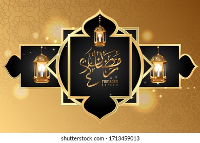 Ramadan kareem poster, arabic calligraphy with golden crescent and unique islamic ramadan lanterns