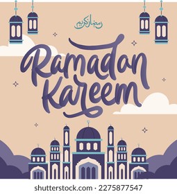 Ramadan Kareem Poster-Hintergrund Vektorgrafik-Design mit Moschee-Dekoration und islamisch-traditioneller Laternenlampe