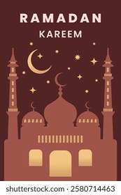 Ramadan Kareem poster, banner or placard. Arabic text means Ramadan Kareem. Modern design in golden colors with mosque. Vector.