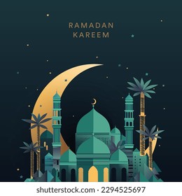 Afiche de Ramadan Kareem con una mezquita azul, cielo nocturno lunar y palmeras, ilustración vectorial