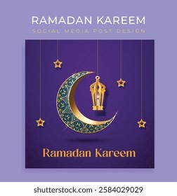 Ramadan Kareem poster, card banner with moon, lump. masjid, blue and Wight background, ramadan kareem social media post design.