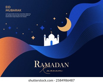 Ramadan Kareem poster, card, holiday cover or web banner. Modern beautiful gradient design with mosque, moon crescent and stars in the night sky. Eid Mubarak luxury minimalist template