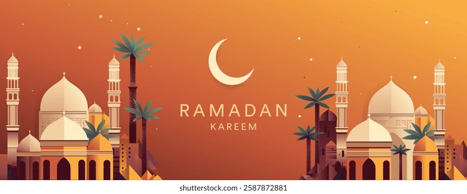 Ramadan Kareem poster, card, holiday cover. Modern beautiful design in pastel colors with mosque, moon crescent, stars in the sky, arches window, vector illustration