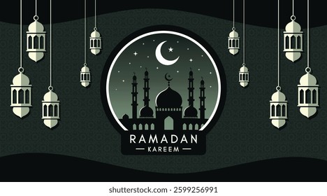Ramadan Kareem poster, card, holiday cover or web banner. Minimalist Ramadan Kareem greeting design template with islamic lanterns, star and moon. Eid Mubarak and ramadan template design