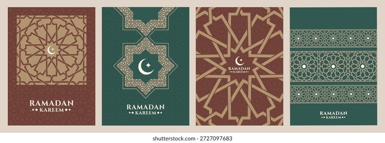 Coleção de pôsteres Ramadan Kareem , cartão com saudação islâmica, faixa , capa, modelo com estilo de padrão arabesco , design moderno com padrão geométrico em cores verde e marrom 