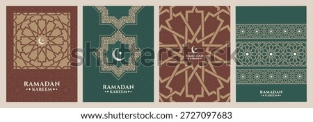 Ramadan Kareem poster collection , islamic greeting card, banner , cover, template with arabesque pattern style , modern design with geometric pattern in green and brown colors 