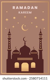Ramadan Kareem poster concept, mosque in golden frame. Ramadan greeting card. Vector.