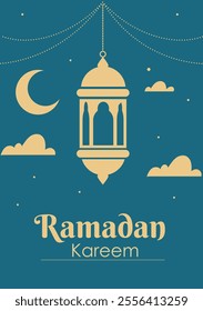 Ramadan kareem poster. Crescent, lantern and star. Arabic festival. Crescent and star. Template and layout. Holy month, religion and faith. Typography and calligraphy. Flat vector illustration