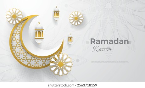 ramadan kareem poster with crescent, lantern and mandala in white and gold color