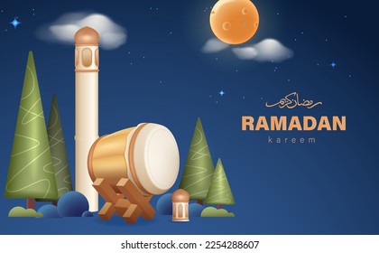 Ramadan Kareem Poster Design with 3D Realistic Bedug or Drum Vector Illustration. 