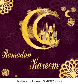 Ramadan Kareem poster with design featuring Islamic mosque, flowers and crescent moon. Luxurious deep red color to create an elegant and