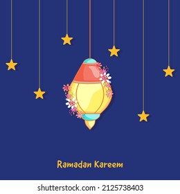 Ramadan Kareem Poster Design With Floral Decorated Glossy Lantern And Stars Hang On Blue Background.