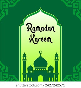 Diseño de póster de Ramadán Kareem con ilustración vectorial de silueta de mezquita verde para el festival islámico de ayuno.