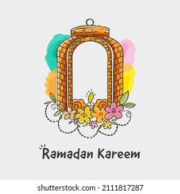Ramadan Kareem Poster Design With Lantern Forming From Brick Wall Decorated Floral On Gray Background.