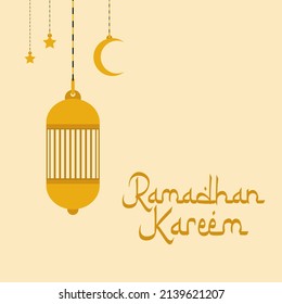 Ramadan Kareem poster design with lantern lamp and star monoline vector illustration for islam fasting festival event.