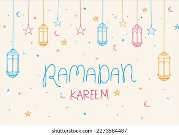 Diseño de afiches de Ramadan Kareem con lámpara de linterna ilustración vectorial del festival de ayuno del islam