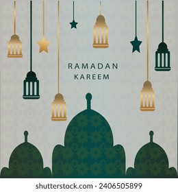 Diseño de afiches Ramadan Kareem con farolillos, luna, estrella y lámpara.
Vector de plantilla de banner islámico Ramadan Mubarak usado para Eid ul Fitr y Eid ul Adha.