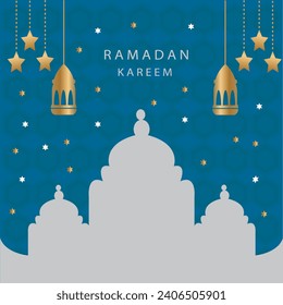 Ramadan Kareem poster design with lanterns, moon, star, and lamp.
Ramadan Mubarak Islamic banner template vector Used for Eid ul Fitr and Eid ul Adha.