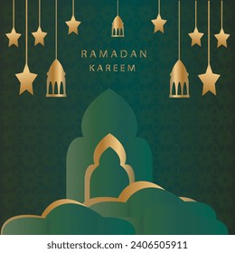 Ramadan Kareem poster design with lanterns, moon, star, and lamp.
Ramadan Mubarak Islamic banner template vector Used for Eid ul Fitr and Eid ul Adha.