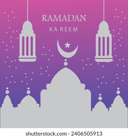 Diseño de afiches Ramadan Kareem con farolillos, luna, estrella y lámpara.
Vector de plantilla de banner islámico Ramadan Mubarak usado para Eid ul Fitr y Eid ul Adha.