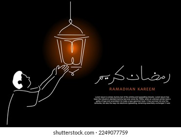 Ramadan Kareem poster design Line Drawing Background, a man lighting a lantern, Islamic Background Drawing, line art vector illustration, isolated on black background.