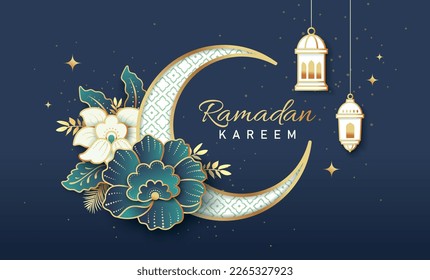 Ramadan Kareem poster design with moon, flowers and lantern.