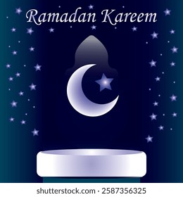 Ramadan Kareem poster design with moon, stars, lights and stage.