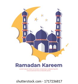 Ramadan Kareem poster design with mosque, moon and cloud. Flat design of Ramadan Kareem cards,  banner, and invitation. Free Vector Illustration.