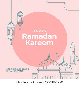 Ramadan Kareem Poster Design With Mosque And Lantern Lamp Monoline Vector Illustration For Islam Fasting Festival Event