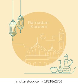 Ramadan Kareem poster design with mosque and lantern lamp monoline vector illustration for islam fasting festival event