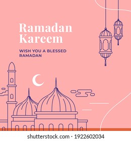 Diseño de afiches Ramadan Kareem con mezquita y lámpara de farol ilustración vectorial del festival de ayuno del islam