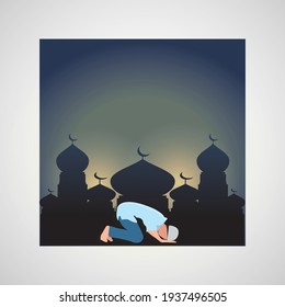 Diseño de afiches Ramadan Kareem con silueta de mezquita, prostrato de niño.