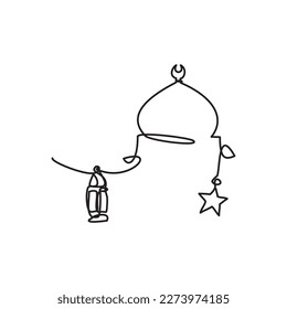 Ramadan Kareem Plakatdesign mit Moschee, Stern und Laternenlampe monoline Vektorgrafik für das Festival Islam Fasten. 
Islamische Kuppelmoschee, Lantern und Sternenzeichnung.