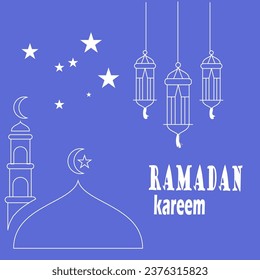 Ramadan Kareem poster design with mosque and lantern lamp monoline vector illustration for islam fasting festival event