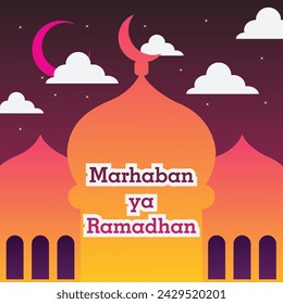 Ramadan Kareem poster design with mosque and lantern lamp monoline vector illustration for islam fasting festival event