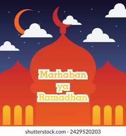 Ramadan Kareem poster design with mosque and lantern lamp monoline vector illustration for islam fasting festival event