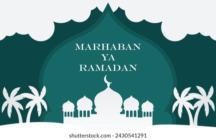 Ramadan Kareem poster design with mosque and lantern lamp monoline vector illustration for islam fasting festival event