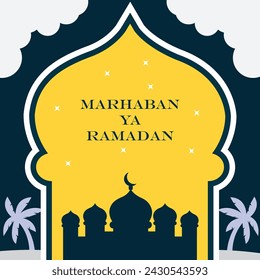 Ramadan Kareem poster design with mosque and lantern lamp monoline vector illustration for islam fasting festival event