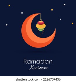 Ramadan Kareem Poster Design With Orange Crescent Moon, Lantern Hang, Stars On Blue Background.
