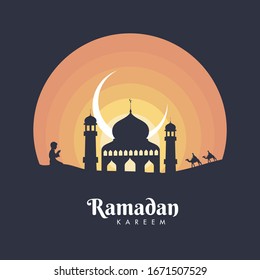 Ramadan Kareem Poster Design with Silhouette Mosque, Crescent Moon, Boy Offering Namaz and People Riding Camels on Sunset View Grey Background.