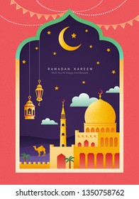 Ramadan Kareem poster in flat design with mosque and lanterns in desert