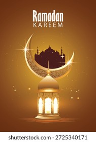 Cartel de Ramadán Kareem con la celebración islámica de la mezquita de la luna creciente que brilla intensamente