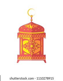 Ramadan Kareem poster gold lantern decorated by islamic symbols, topped by crescent moon and star vector illustration with text isolated on white icon